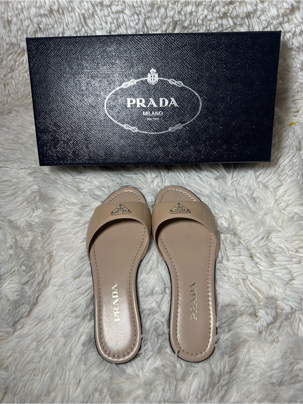 Prada Nude Leather Slide Mules with Logo Plaque